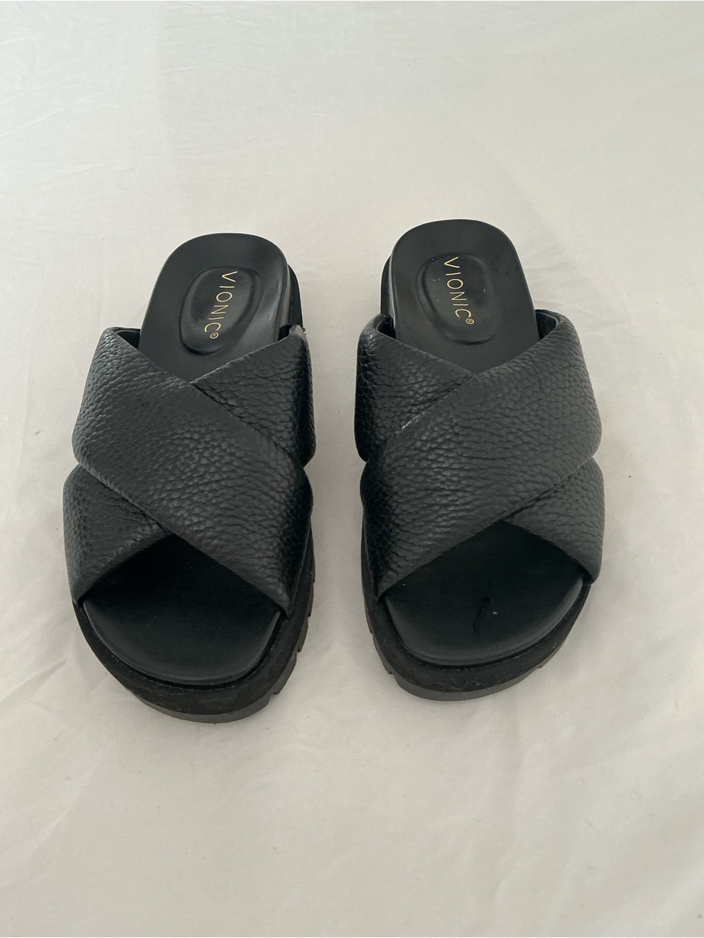 Vionic Vesta Black Pebbled Leather Platform Slide Sandals Size 5